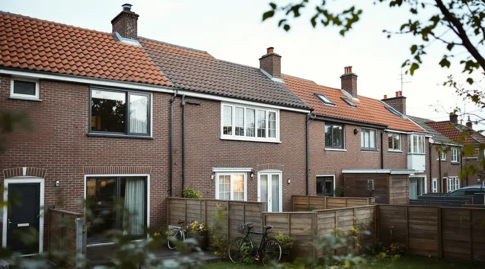 Achtergevels van een rij bakstenen rijtjeshuizen met tuinschuttingen: de ene woning heeft een nieuwe schuifpui, de andere oude openslaande deuren