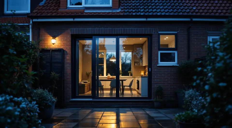 Achterkant van een rijtjeshuis bij schemering, gezien vanuit de tuin: een grote hefschuifpui met warm licht binnen boven de eettafel