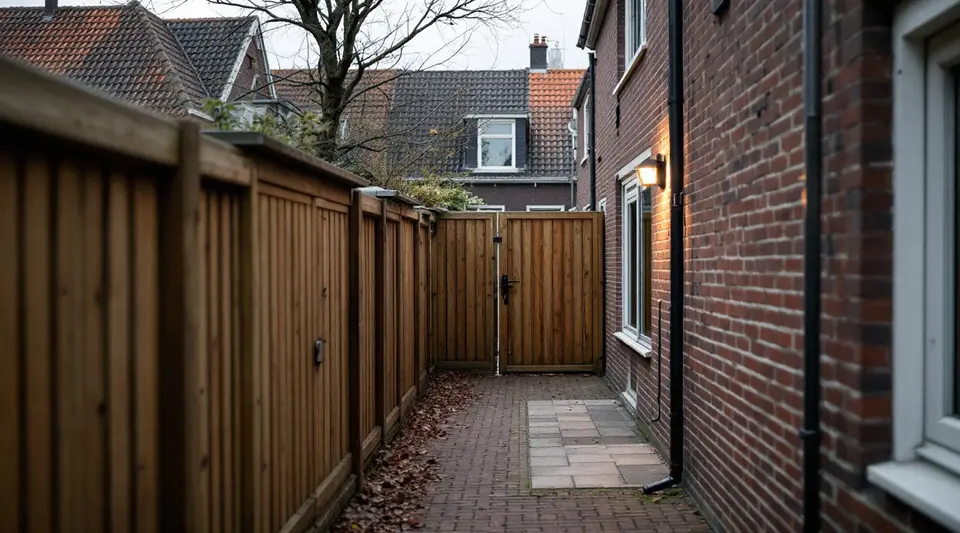 Een smalle brandgang met klinkers achter een rij rijtjeshuizen, met hoge houten schuttingen, poorten en een buitenlamp