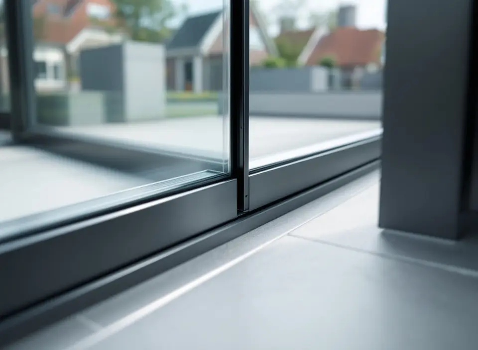 De lage dorpel van een hefschuifpui van dichtbij: een vlakke aluminium rail tussen binnentegels en terrastegels