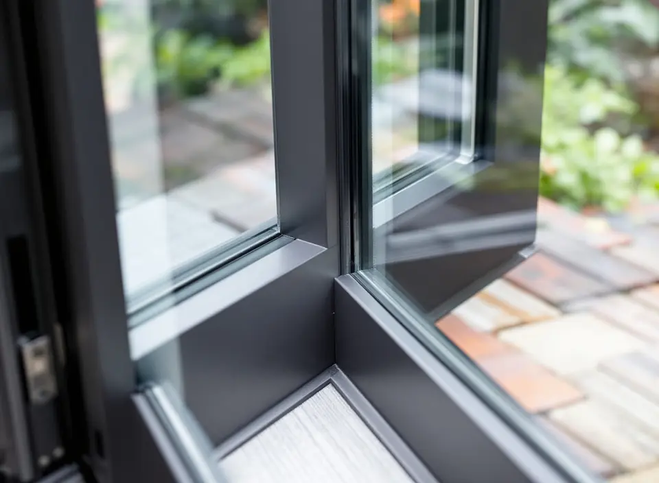 Close-up van de onderhoek van een schuifpui: de rand van het isolatieglas in een antraciet aluminium kozijn, met de tuin in de weerspiegeling