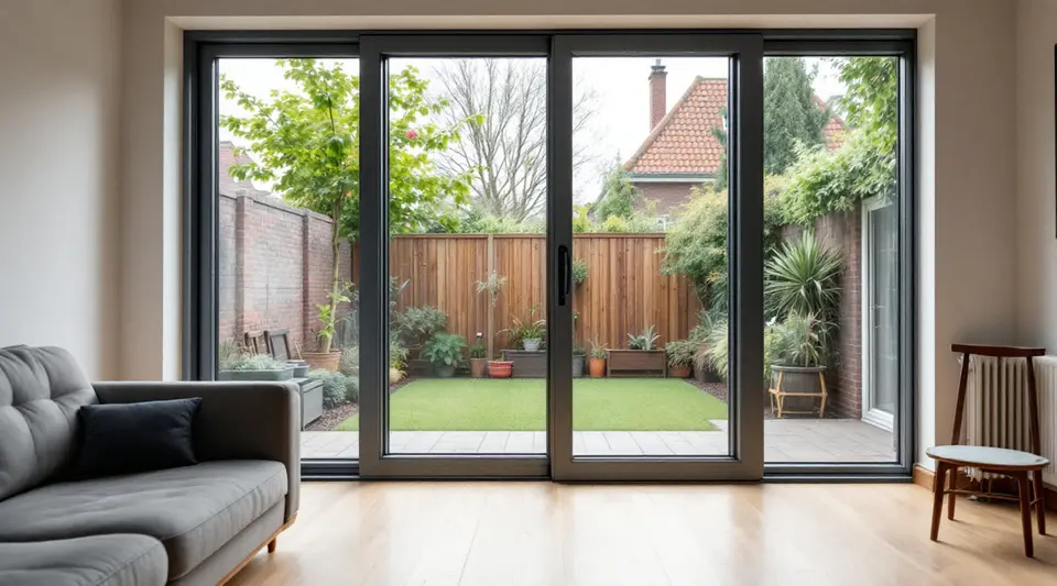 Woonkamer van een rijtjeshuis met een brede schuifpui met donkergrijze aluminium profielen, één deel open naar een kleine achtertuin