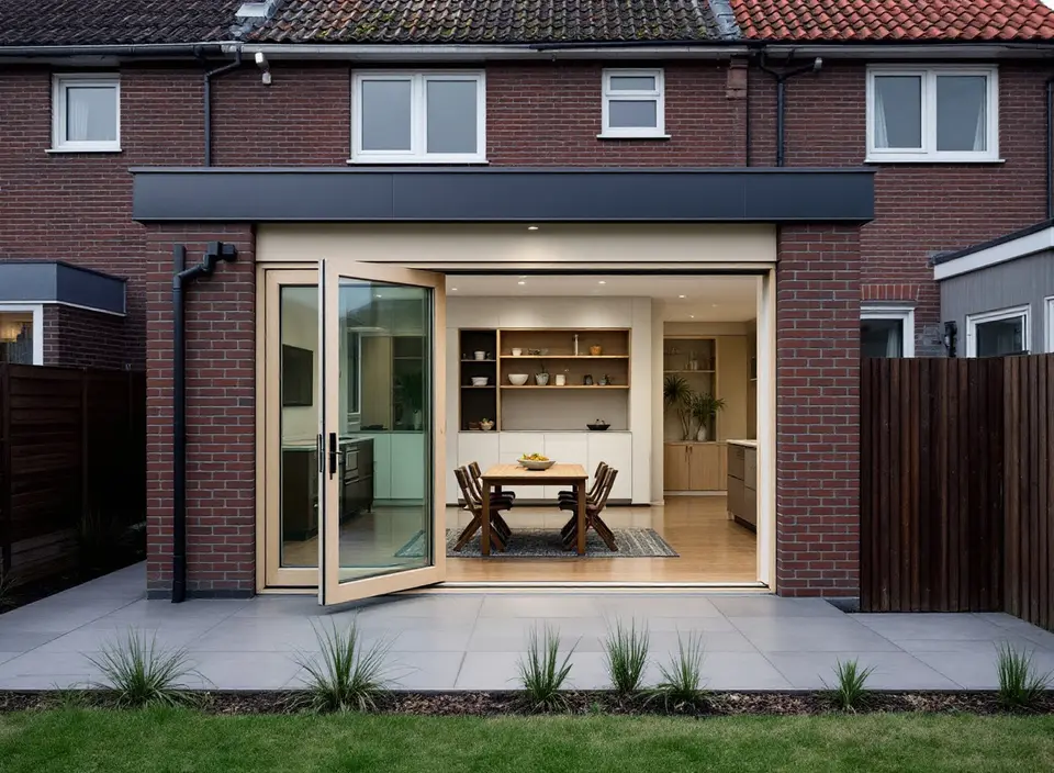 Een glazen pui met licht eikenhouten kozijnen in een uitbouw met plat dak achter een rijtjeshuis, één paneel staat open naar de eetkamer