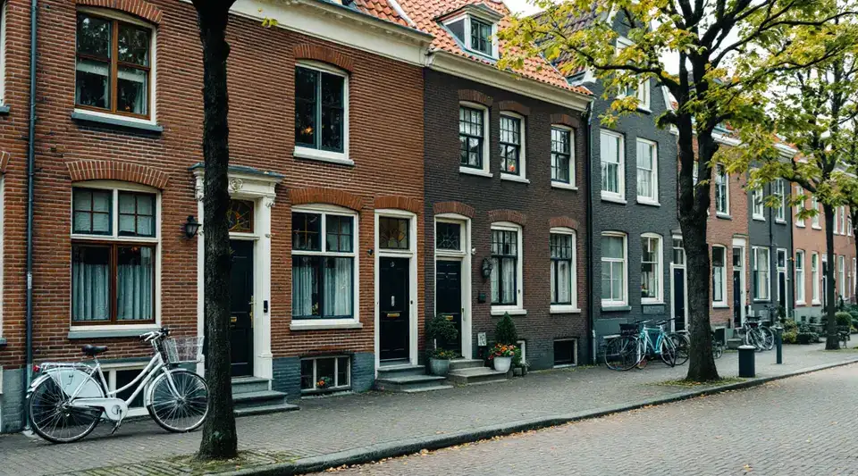 Voorgevels van bakstenen rijtjeshuizen uit de jaren dertig met originele houten kozijnen en glas-in-lood, aan een klinkerstraat met fietsen