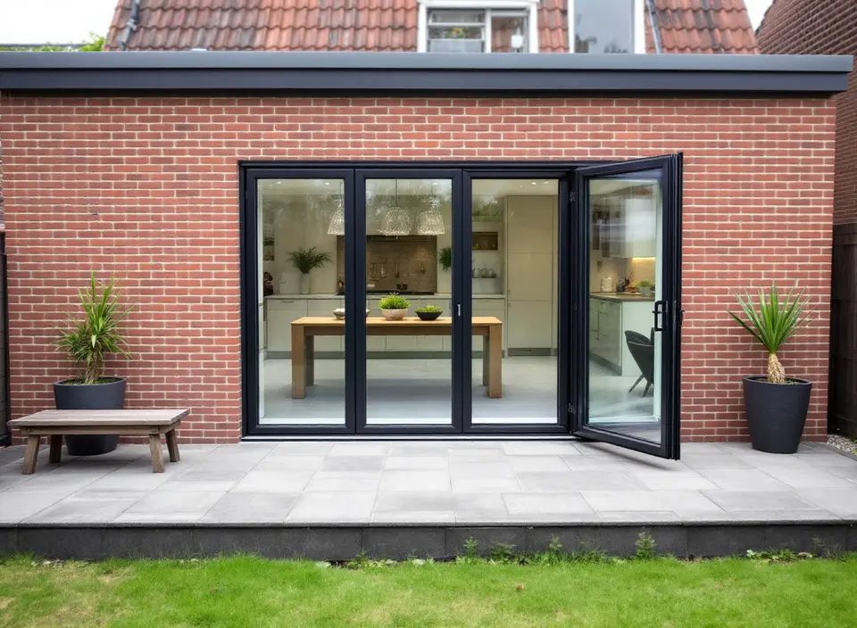 Een vouwwand van vier smalle glazen panelen met zwarte aluminium kozijnen in een bakstenen uitbouw, het rechterpaneel staat open naar het terras